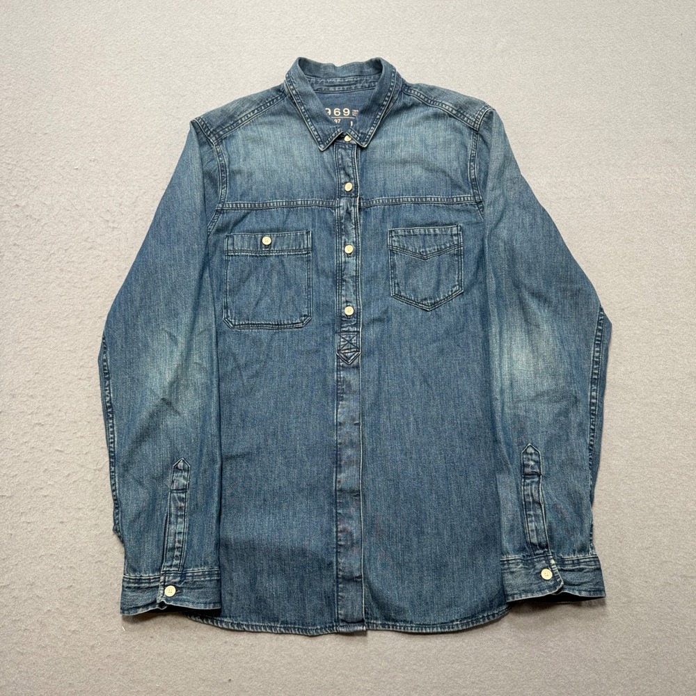 Gap Western Shirt Women's Large Blue Denim Long Sleeve Classic Half Button Retro